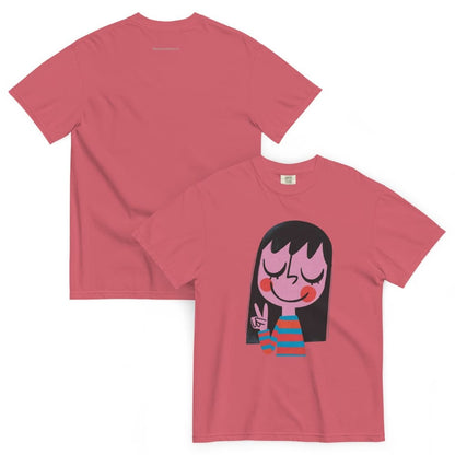 Red t-shirt with a cartoon character on a white background