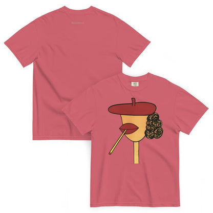 Wtermelon-pink t-shirt with a graphic design of a face wearing a beret and smoking a cigarette on a white background.