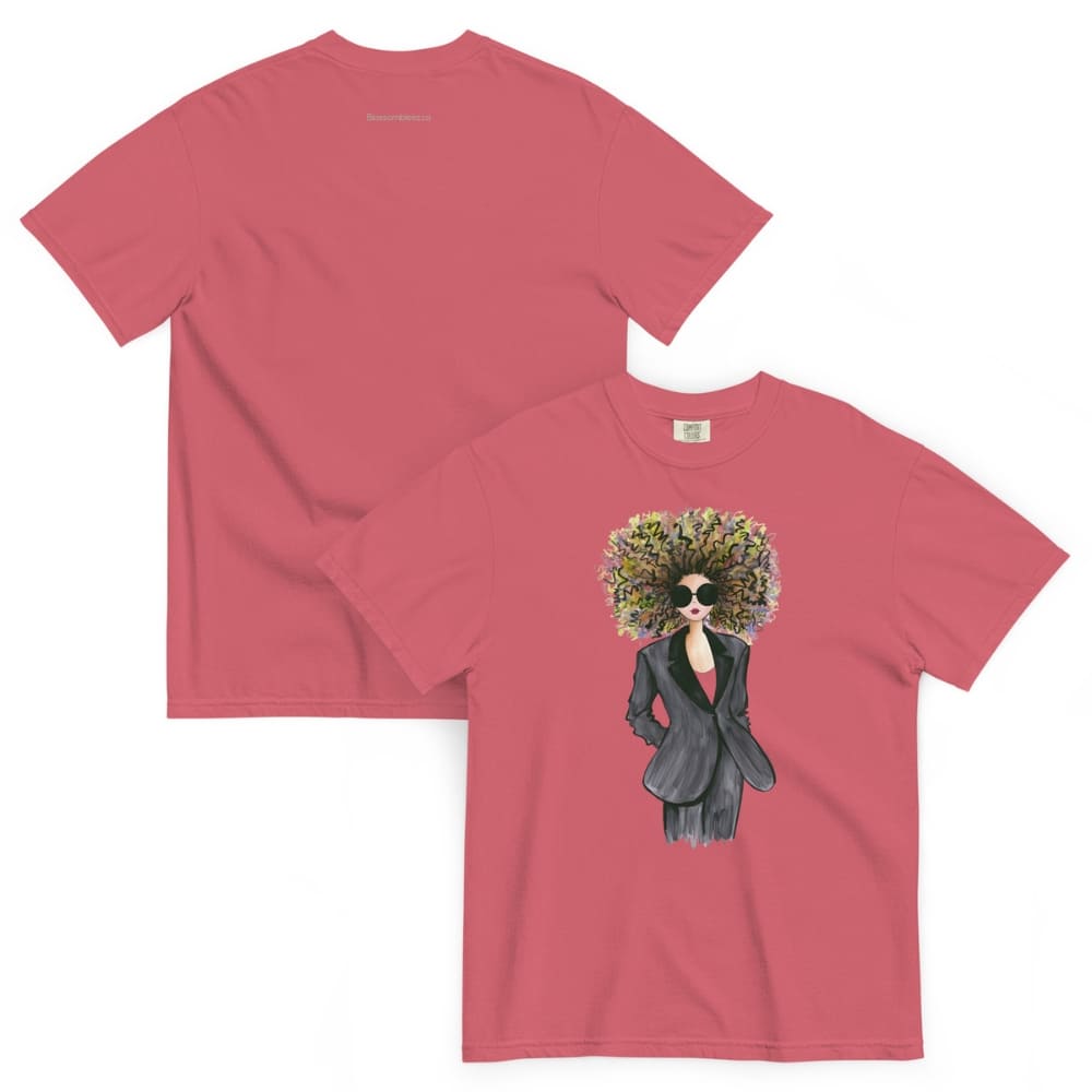 Watermelon-red t-shirt with a graphic design of a woman with a floral headpiece on a white background