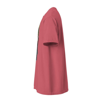 Watermelon-red t-shirt with a logo on the sleeve against a white background