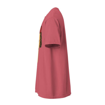 Wtermelon-pink t-shirt with a small graphic on the sleeve against a white background