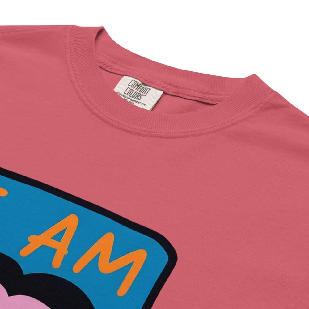Watermelon red t-shirt with colorful graphic design and 'Comfort Colors' label.