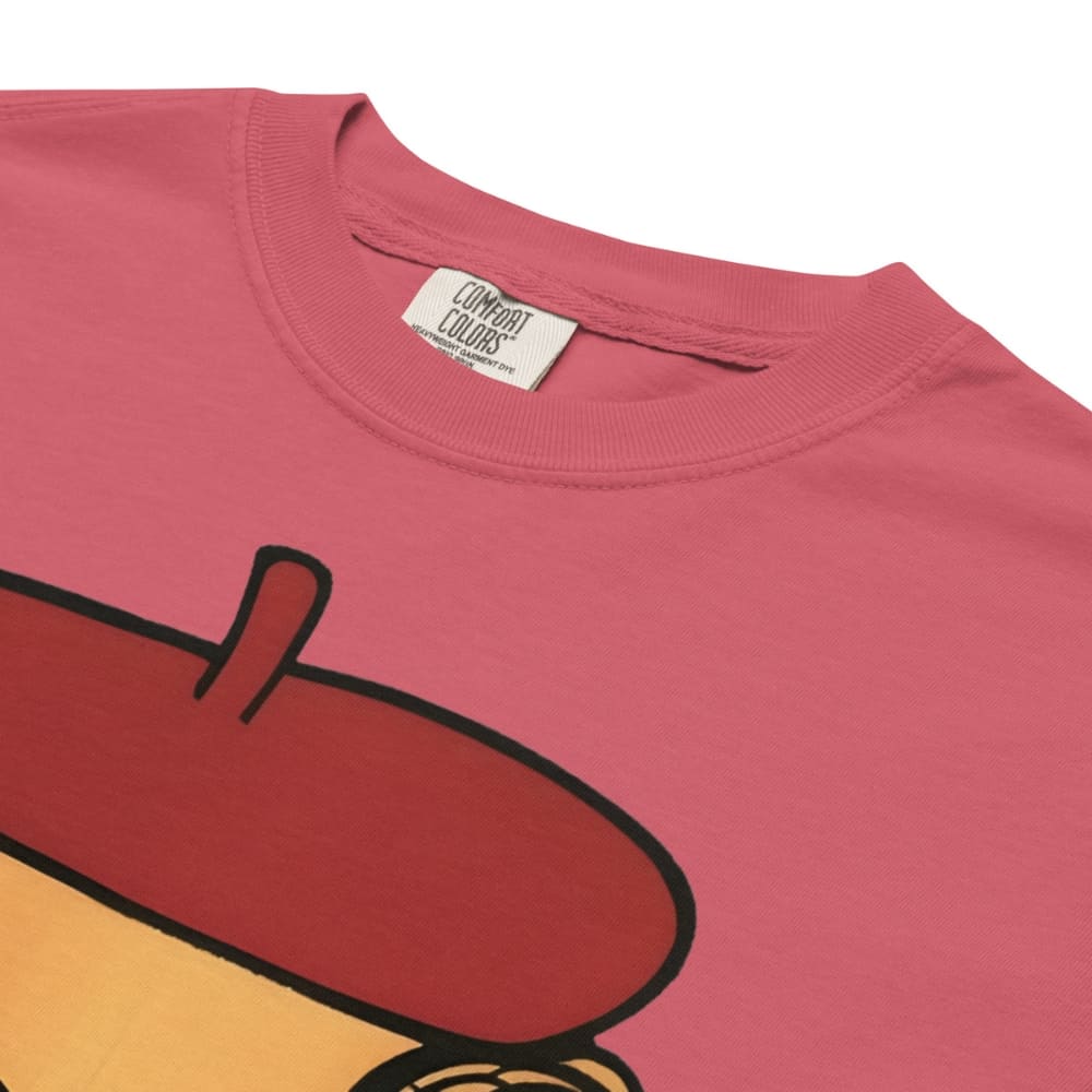 Wtermelon-pink t-shirt with a graphic design of a character wearing a red hat, featuring Comfort Colors label.