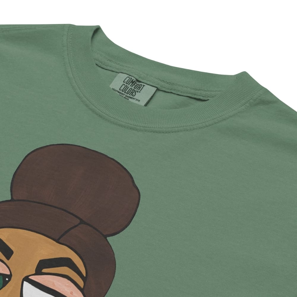 Green t-shirt with a cartoon character design on a white background