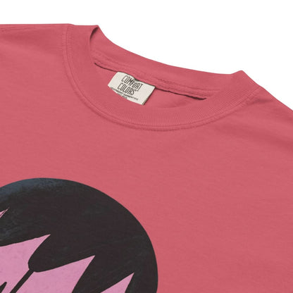 Red t-shirt with black graphic design on a white background