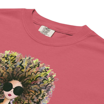 Watermelon-red t-shirt with a colorful afro hairstyle graphic and 'Comfort Colors' label.
