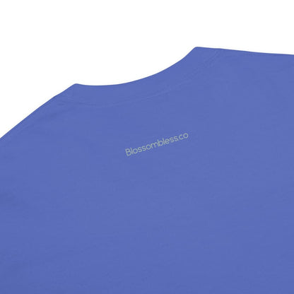 Close-up of a flo blue t-shirt on a white background