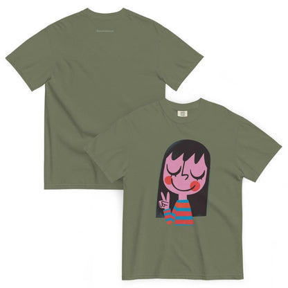 Green t-shirt with a cartoon character design on a white background