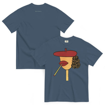 Midnight-blue t-shirt with a graphic design of a face wearing a red beret and smoking a cigarette.