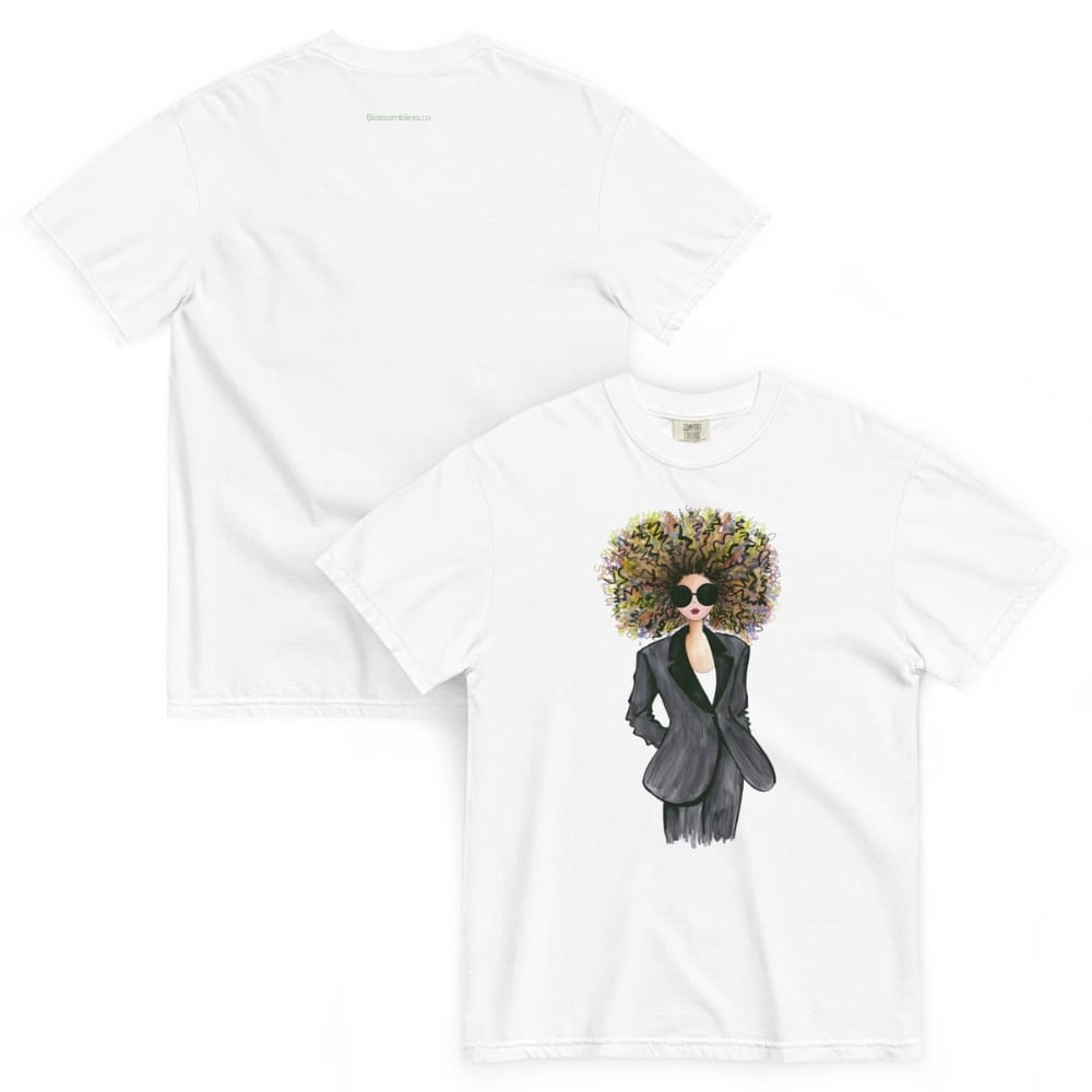 White t-shirt with a graphic of a person in a suit and flower crown on a white background