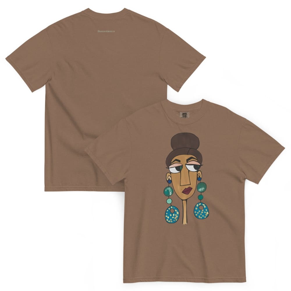 Brown t-shirt with a graphic of a woman's face and earrings on a white background