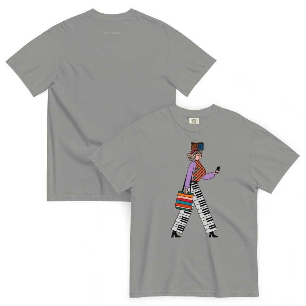 Gray t-shirt with a colorful graphic design on a white background