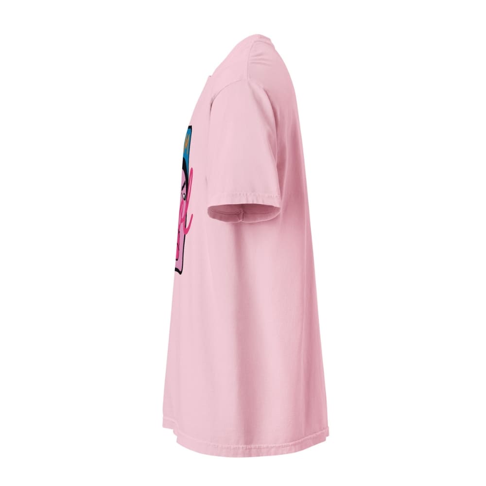 Pink t-shirt with a graphic design on a white background