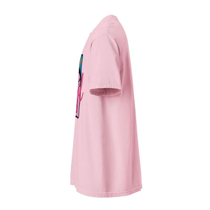 Pink t-shirt with a graphic design on a white background