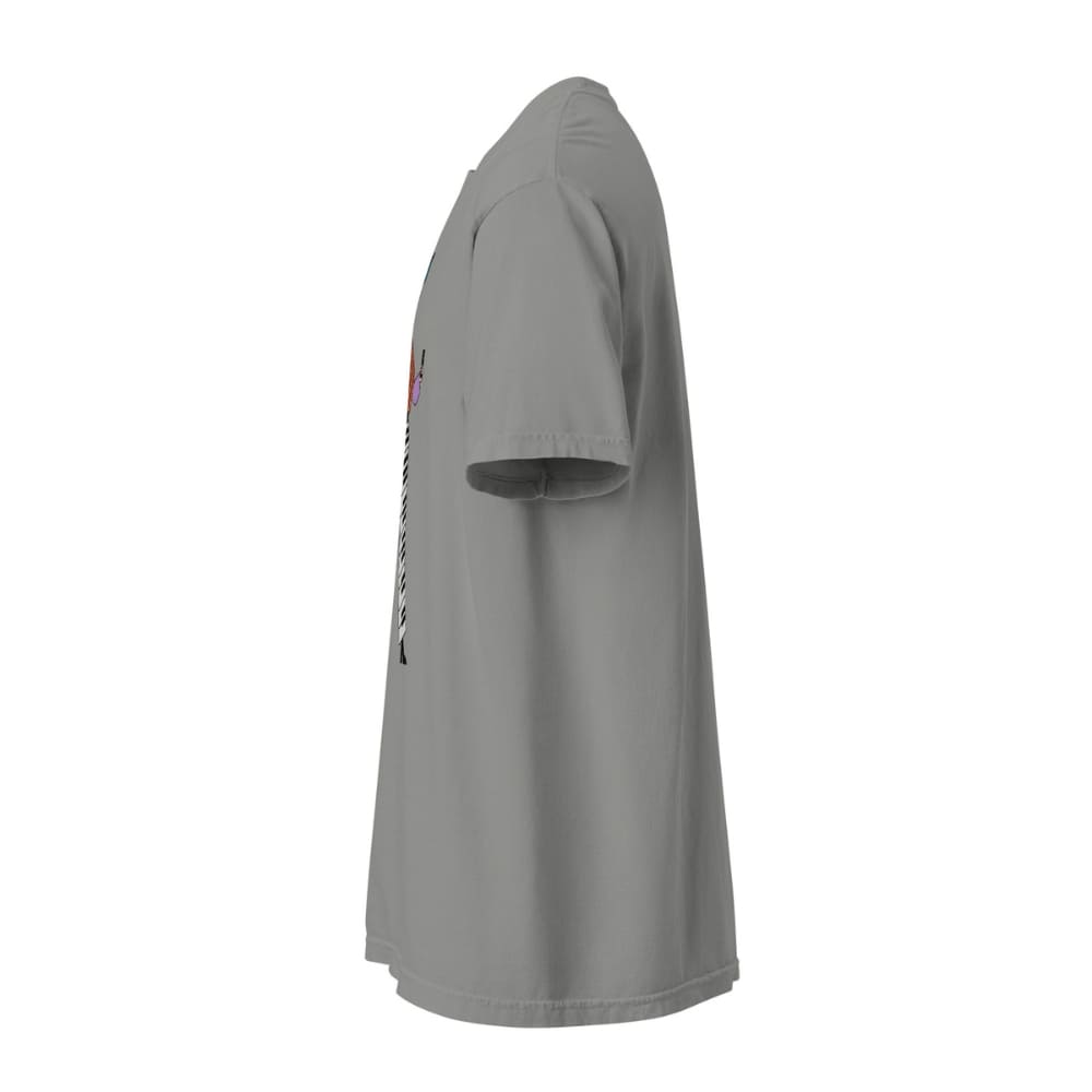 Gray t-shirt with a small logo on the sleeve against a white background