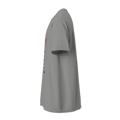 Gray t-shirt with a small logo on the sleeve against a white background