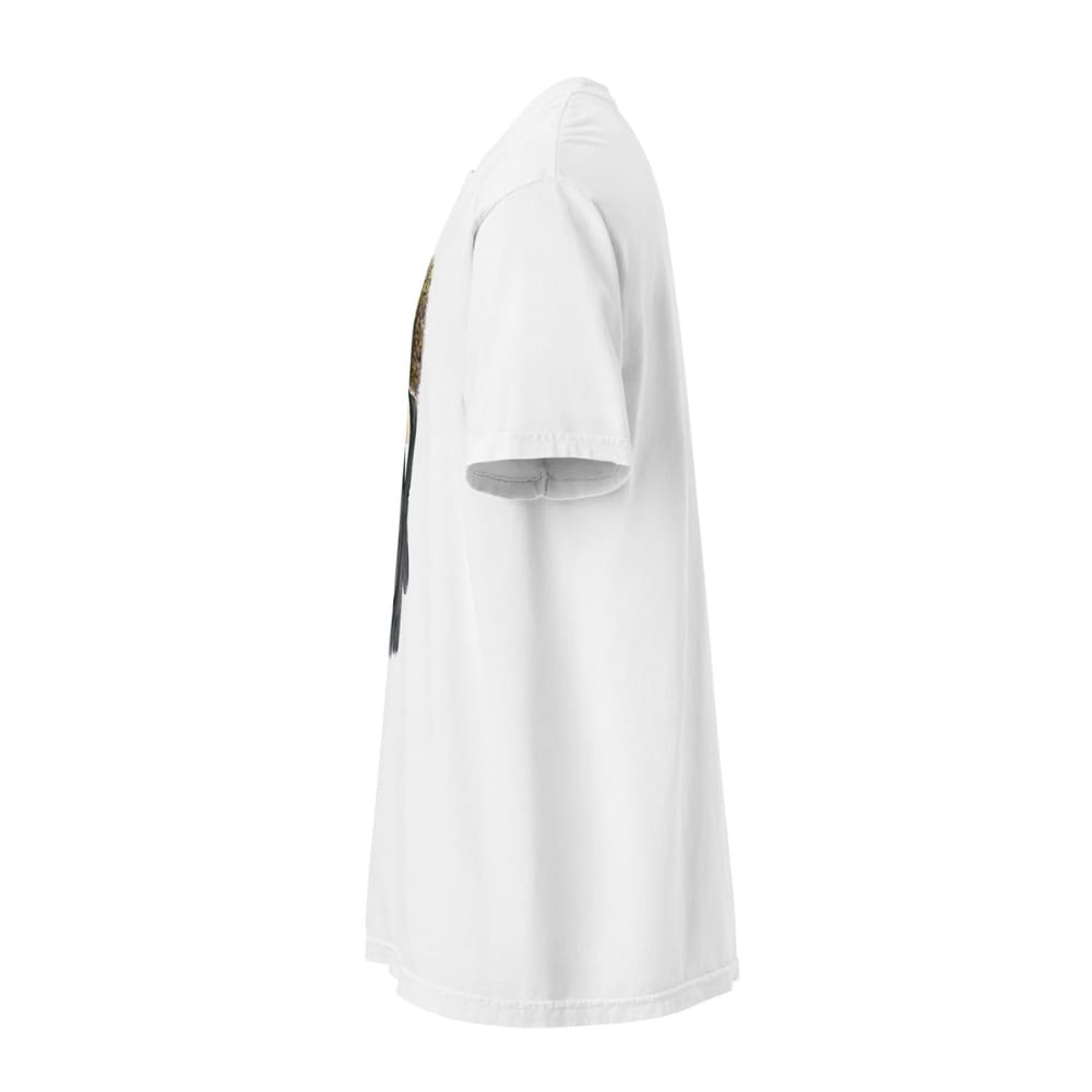 White t-shirt with a black logo on a white background