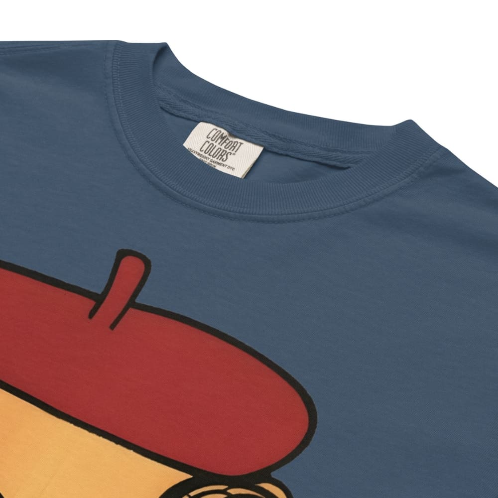 Midnight-blue t-shirt with a cartoon character design and 'Comfort Colors' label.