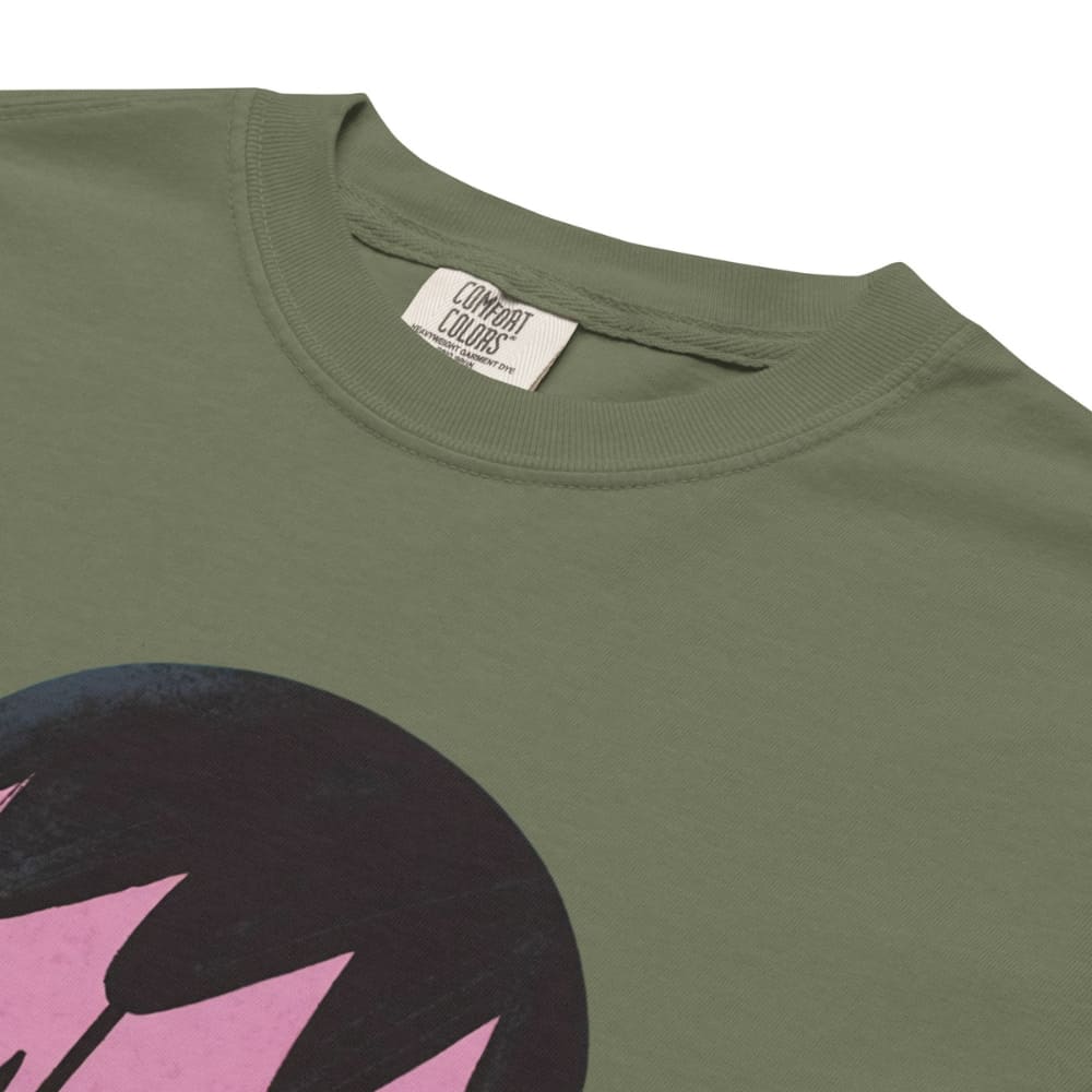 Green t-shirt with a black and pink graphic design on a white background