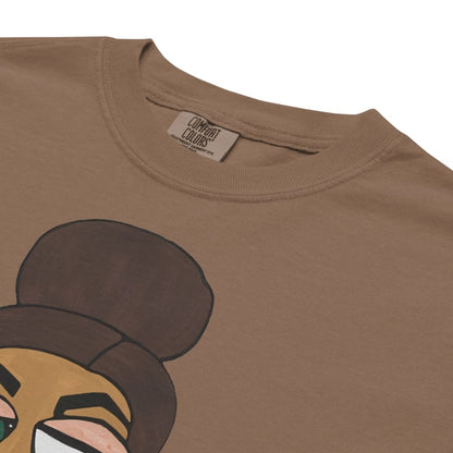 Brown t-shirt with cartoon character design and 'Comfort Colors' label.