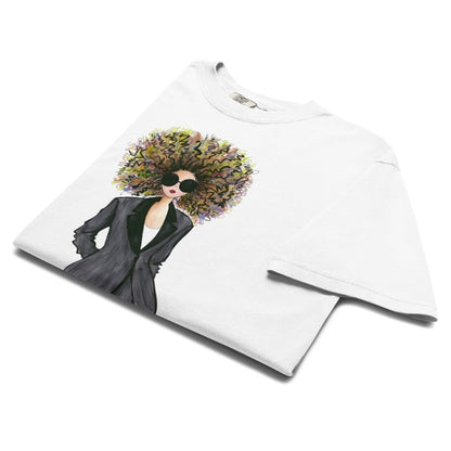 White t-shirt with a graphic of a woman with a floral hairstyle on a white background