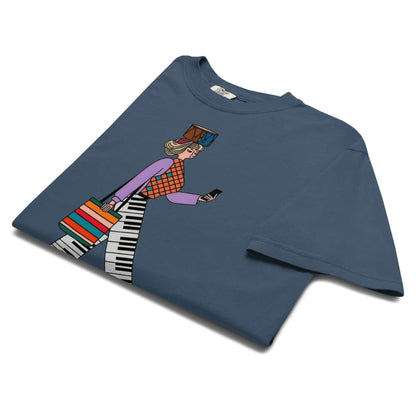 Midnight blue t-shirt with a colorful graphic design on a white background