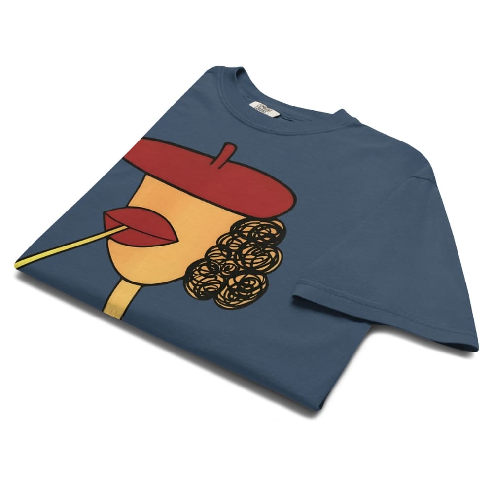 Midnight-blue t-shirt with a graphic design of a face wearing a red beret and holding a cigarette on a white background.