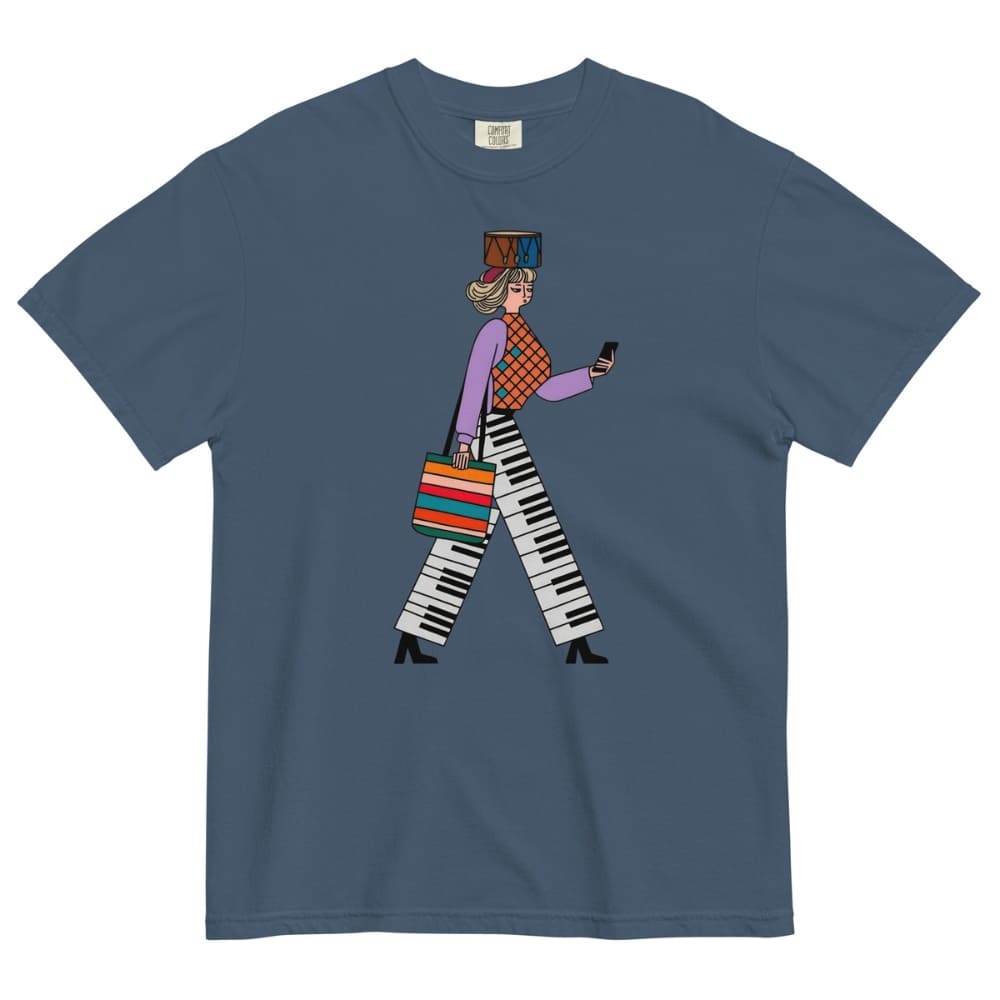 Midnight blue t-shirt with a colorful graphic of a person walking on a white background