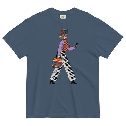 Midnight blue t-shirt with a colorful graphic of a person walking on a white background
