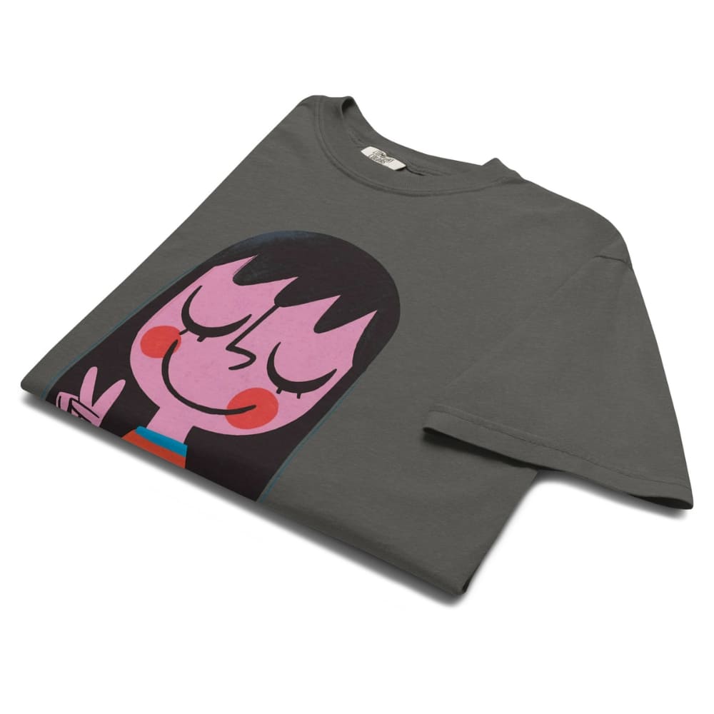 Gray t-shirt with a colorful graphic design on a white background