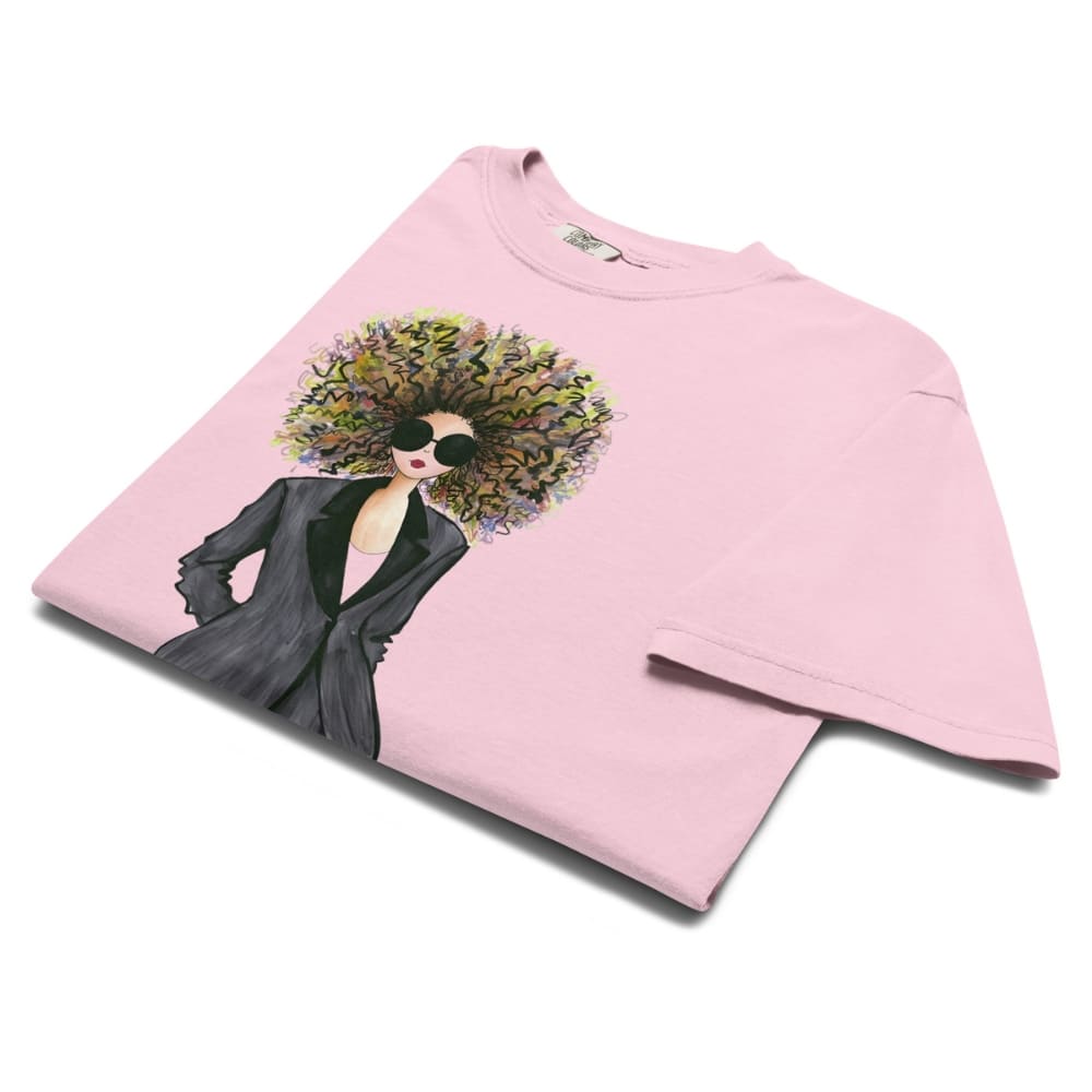 Blossom-pink sweatshirt with a graphic design of a person with flowers in their hair on a white background