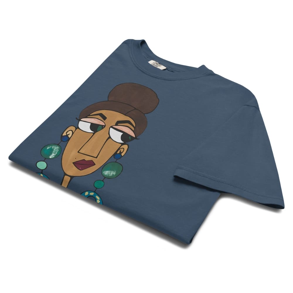 Mid-night blue t-shirt with a graphic of a stylized face on a white background
