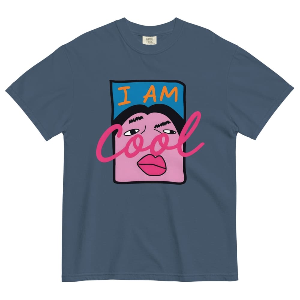 Midnight blue t-shirt with a graphic design of a face and 'I AM Cool' text on a white background