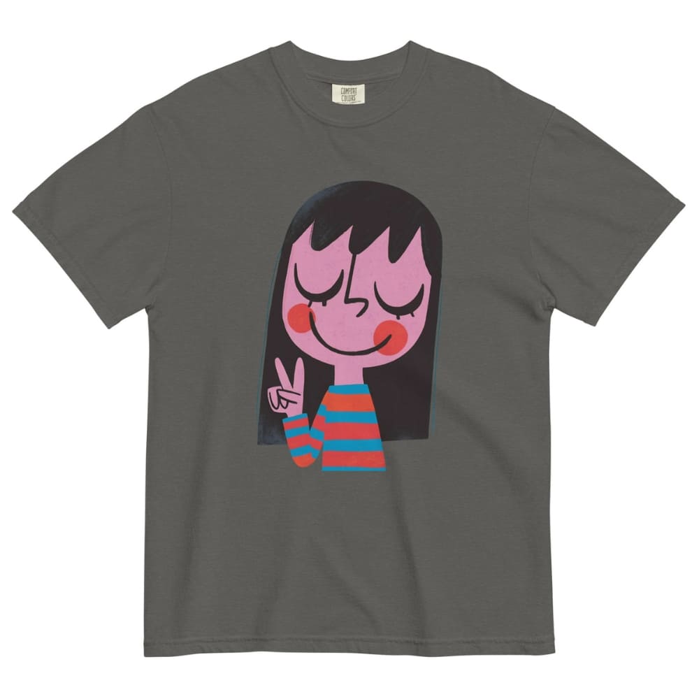 Gray t-shirt with a cartoon character design on a white background