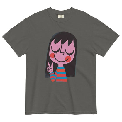 Gray t-shirt with a cartoon character design on a white background