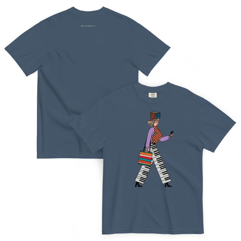 Midnight blue t-shirt with a colorful graphic design on a white background