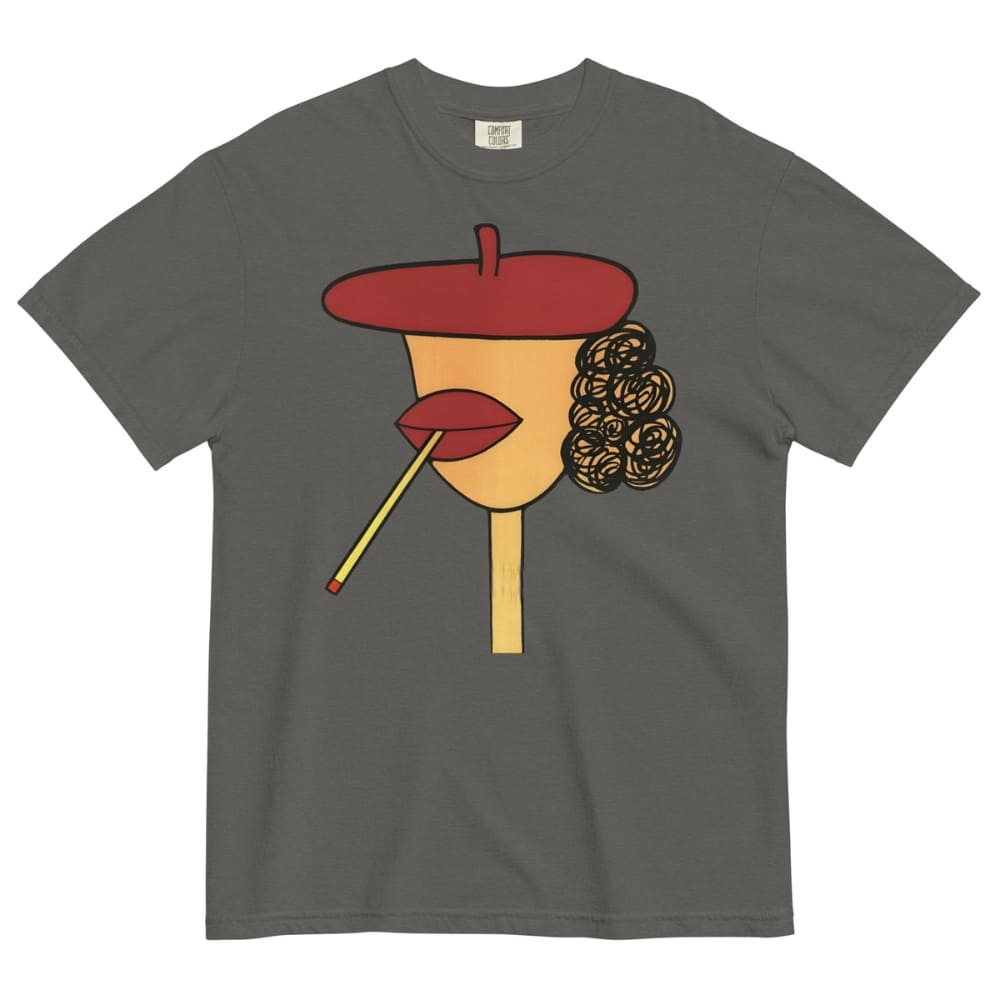 Pepper-gray t-shirt with a stylized face design featuring a red beret, yellow face, red lips, and black hair on a white background.