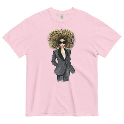 Blossom-pink t-shirt with a graphic of a woman in a suit and sunglasses on a white background