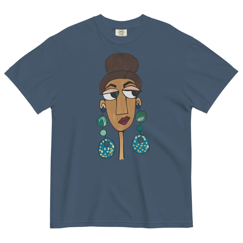 Mid-night blue t-shirt with a graphic of a face with large earrings on a white background