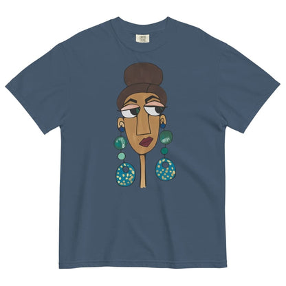 Mid-night blue t-shirt with a graphic of a face with large earrings on a white background