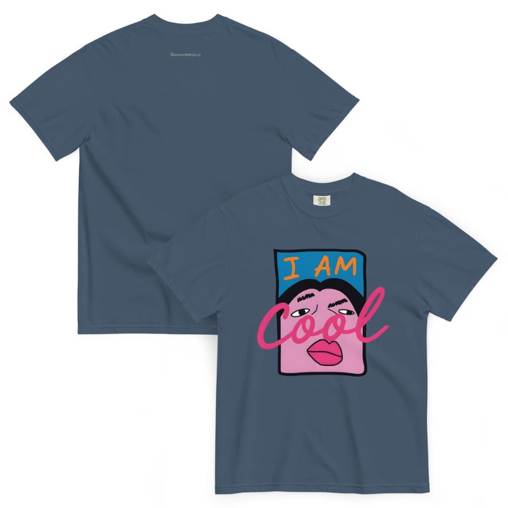 Midnight blue t-shirt with 'I AM Cool' graphic design on a white background