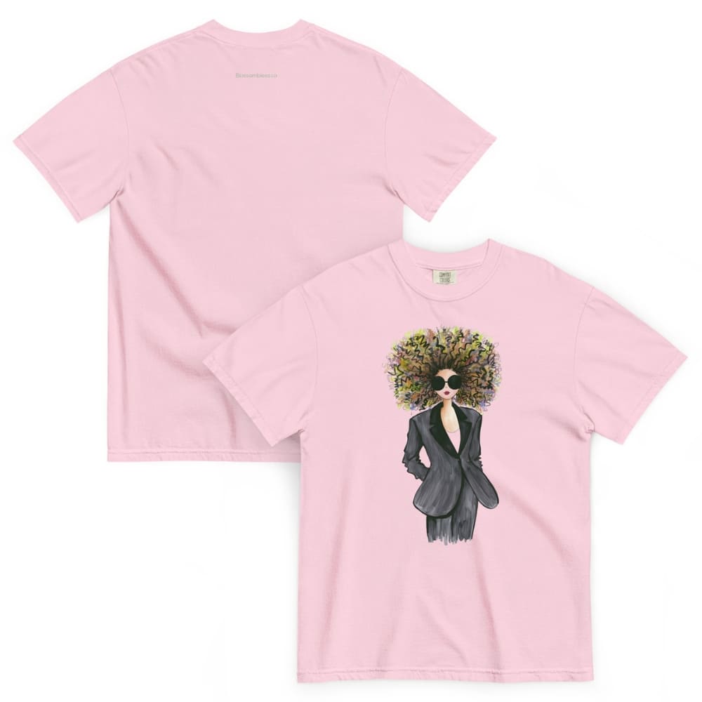 Blossom-pink t-shirt with a graphic design of a person in a suit and flower crown on a white background