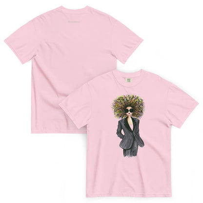 Blossom-pink t-shirt with a graphic design of a person in a suit and flower crown on a white background