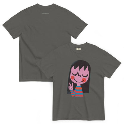 Gray t-shirt with a cartoon character design on a white background