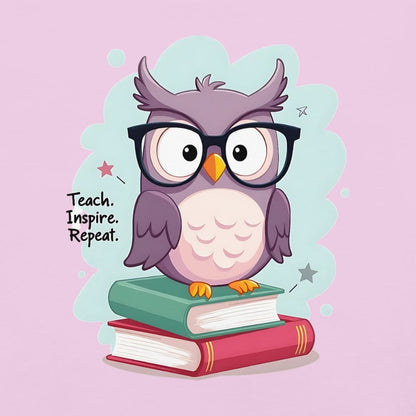 Cute purple owl with glasses sitting on stacked books, with quote "Teach. Inspire. Repeat." – printed on a teacher t-shirt