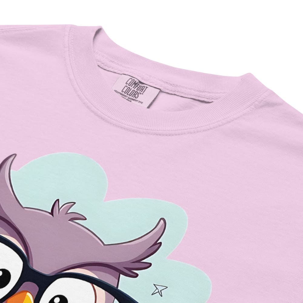 Cute purple owl with glasses sitting on stacked books, with quote "Teach. Inspire. Repeat." – printed on a teacher t-shirt