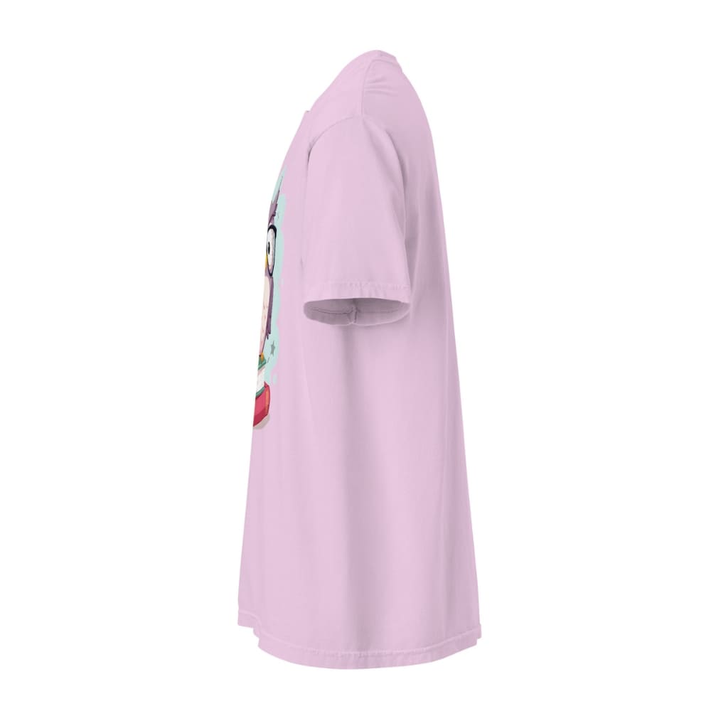 Cute purple owl with glasses sitting on stacked books, with quote "Teach. Inspire. Repeat." – printed on a teacher t-shirt