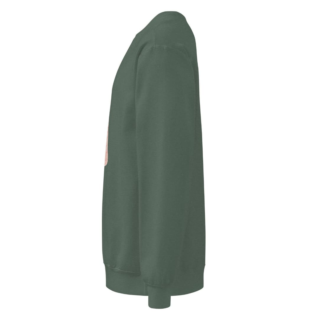 Pink Pine™ sweatshirt by Blossombless.co in Blue Spruce, side view: sleeve and relaxed fit profile