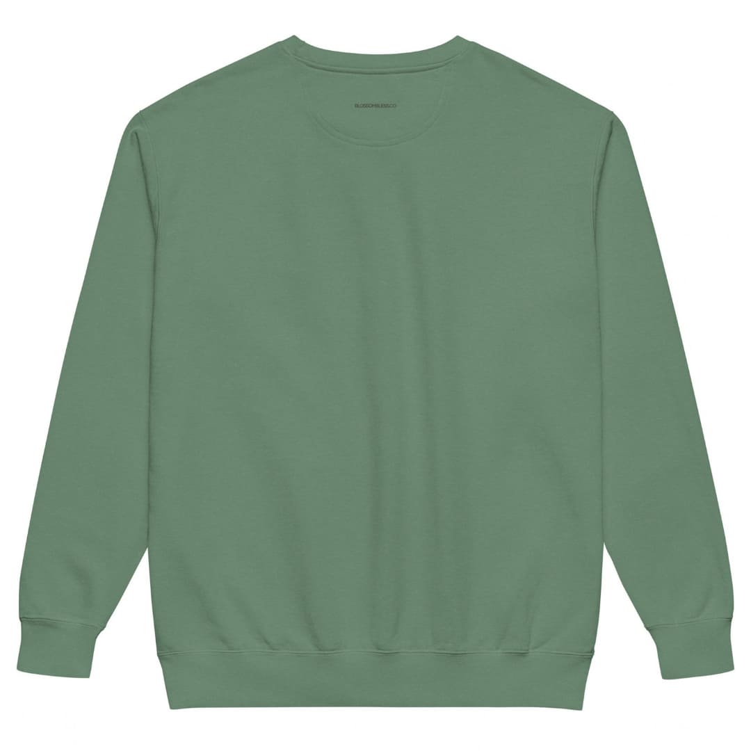 Holiday Muse™ sweatshirt by Blossombless.co in Light Green, back view with BLOSSOMBLESS.CO printed below the neckline