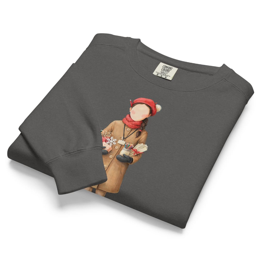 Last Bell Before Break™ sweatshirt by Blossombless.co in Pepper, folded to show the heavyweight fleece and the painterly teacher graphic